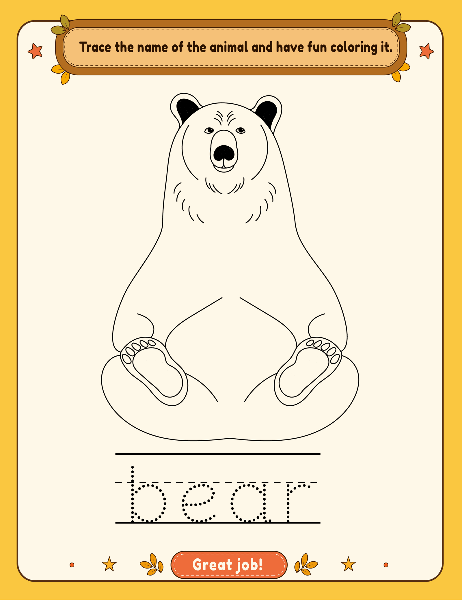 Bear animal word tracing and coloring page