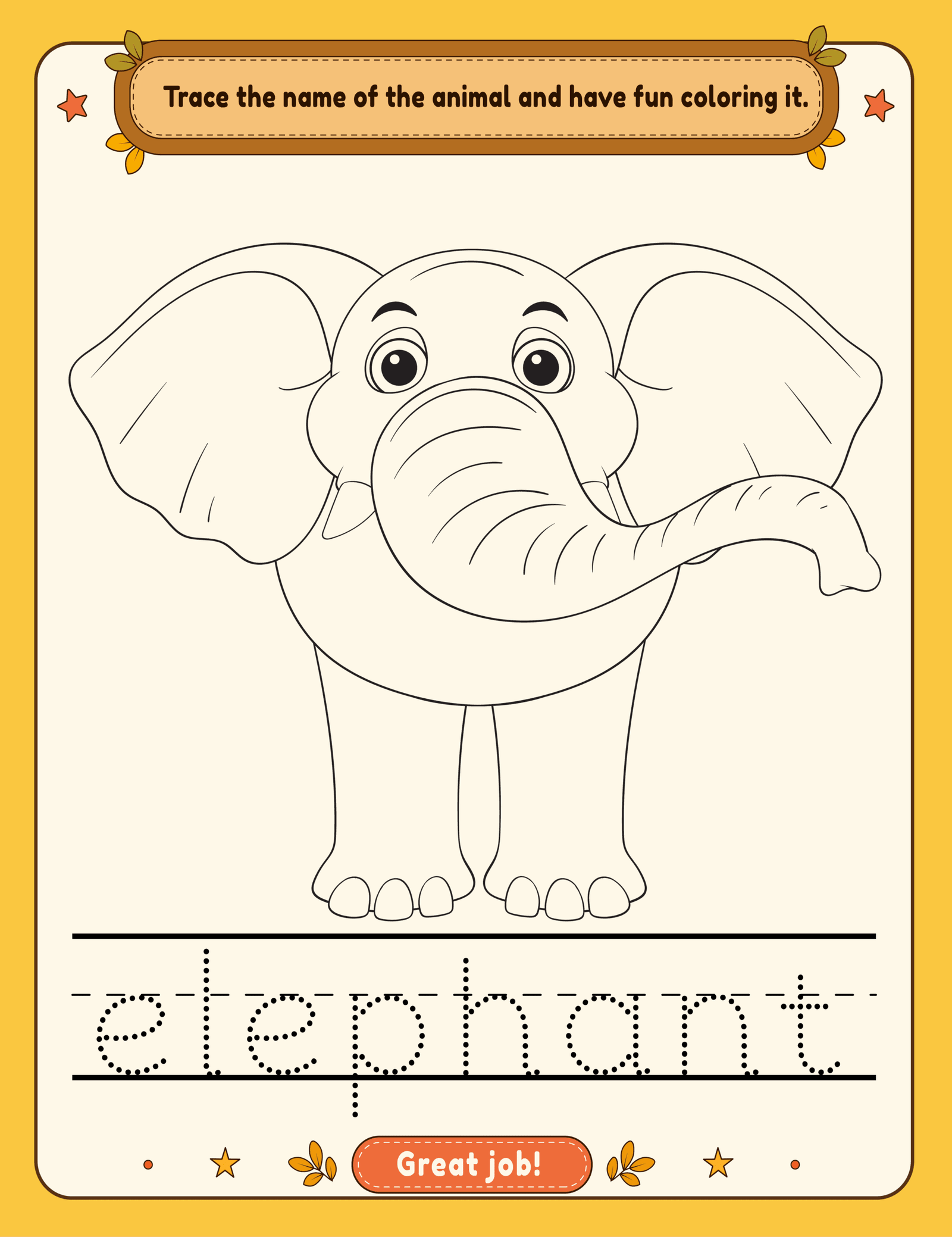 Elephant animal word tracing and coloring page