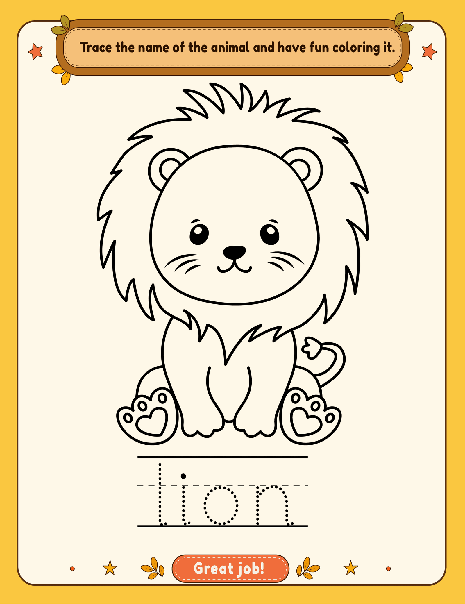 Lion animal word tracing and coloring page