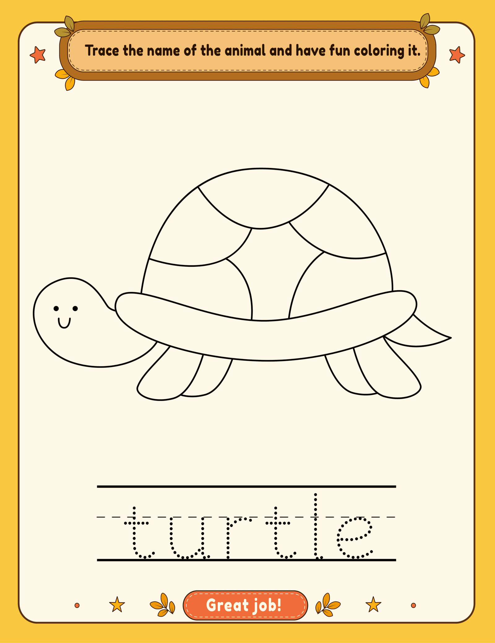 Turtle animal word tracing and coloring page